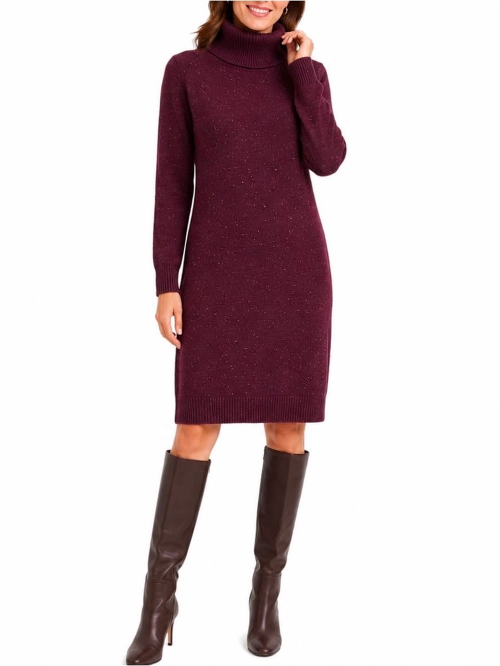Talbots Womens L Burgundy Donegal Nep Sweater Dress Turtleneck Knit Long Sleeve
